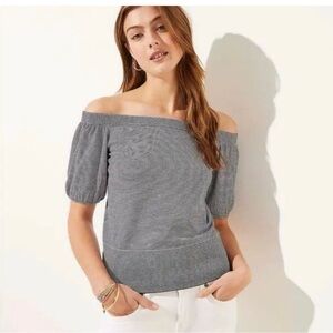 Women’s LOFT Casual Chic Off-Shoulder Knit Top Blue & White Stripes Size Medium